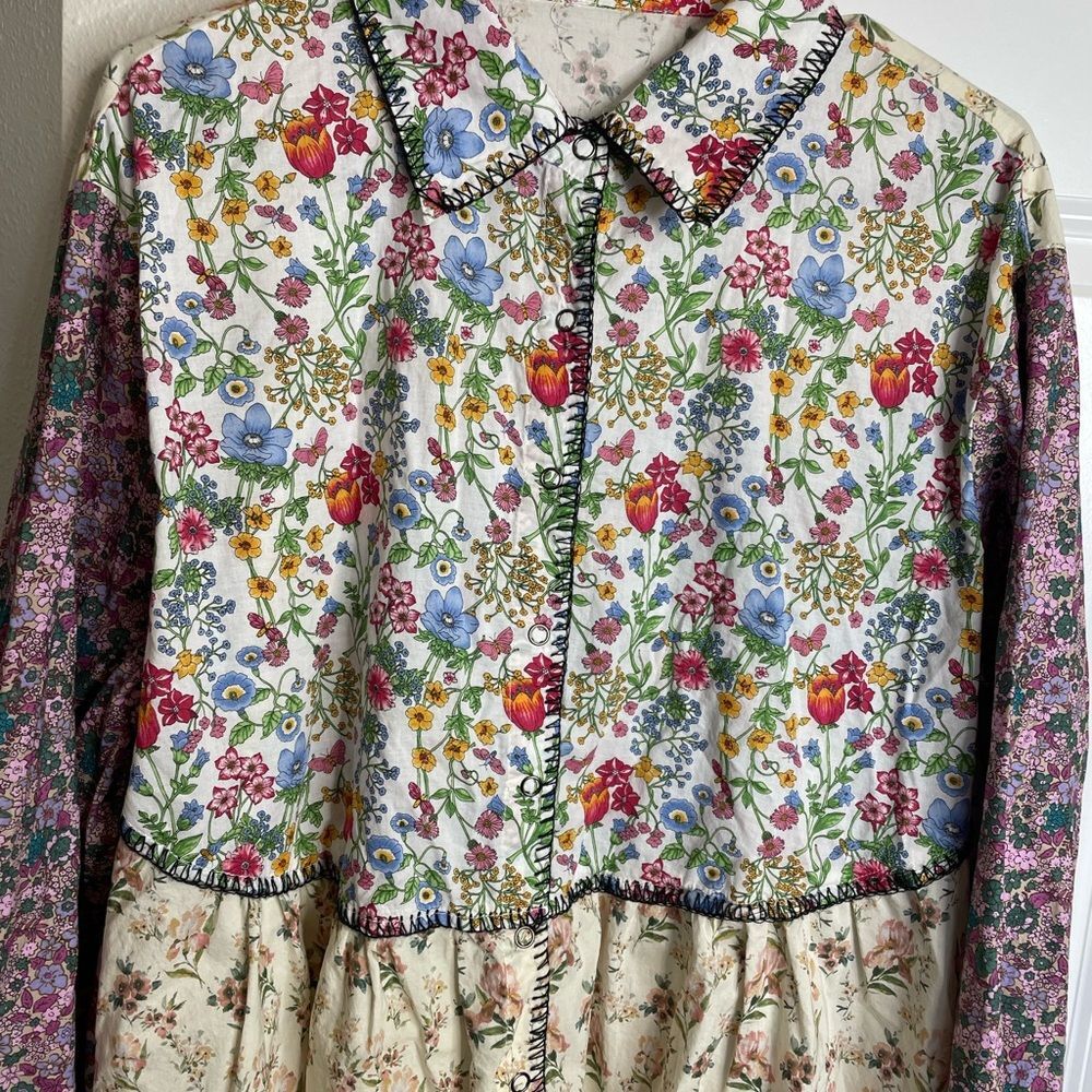 Vintage Inspired Oversized S Mixed Floral Patchwork Prairie Mini Dress - Picture 2 of 9